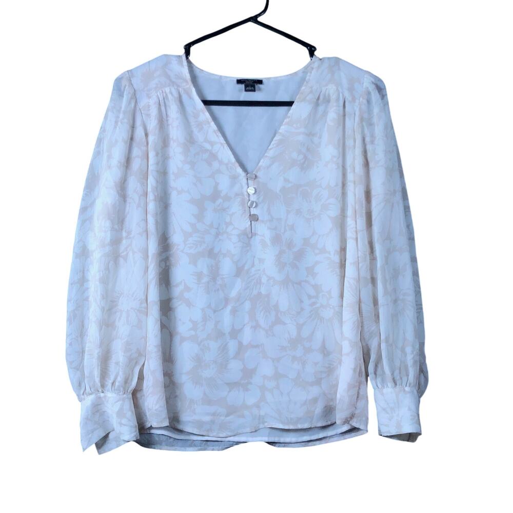 Ann Taylor Factory Womens Blouse Tan White Floral Lined V Neck Long Sleeve SP